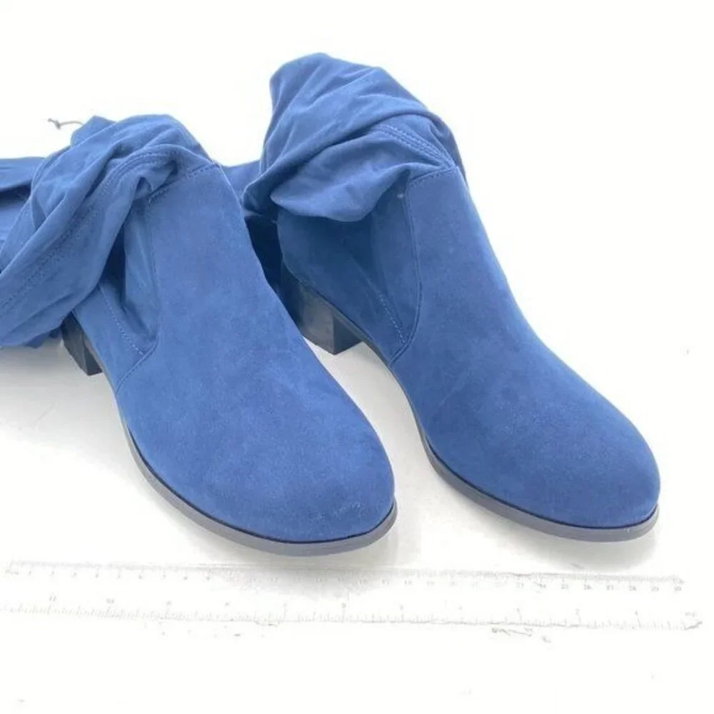 Blue Sexy Closed Toe Over The Knee Boots Lace Up Thigh High Low Heel Dress Booti